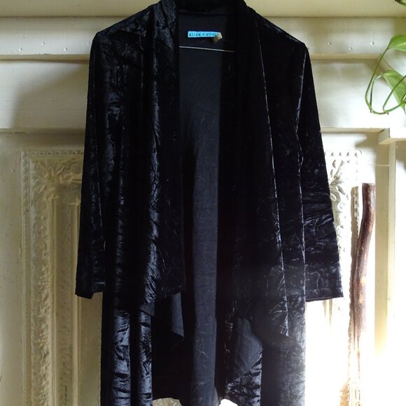 Alice + Olivia Mariona Black Crushed Velvet Sleek Draped Open Front Cardigan - S - Picture 1 of 11